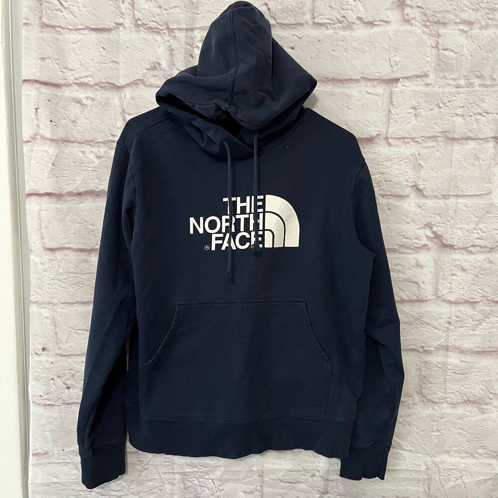 The North Face Pullover Hoodie Navy Blue Fleece Large Logo Mens M